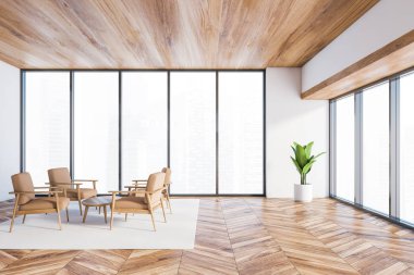 Panoramik ofis odasının içinde beyaz duvarlar, ahşap zemin ve tavan, kahve masasının yanında duran bej koltuklar ve bulanık manzaralı pencereler. 3d oluşturma
