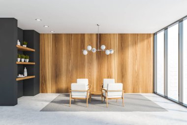 Panoramik ofis bekleme odasının içinde gri ve ahşap duvarlar, beyaz zemin ve tavan, sehpanın yanında duran rahat koltuklar ve bulanık manzaralı pencereler. 3d oluşturma