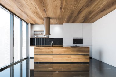Lüks panoramik mutfağın içinde beyaz ve siyah mermer duvarlar, beyaz tezgah ve lavabo ve fırından yapılmış ahşap ada. 3d oluşturma
