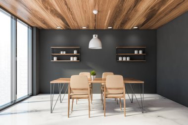 Gri duvarlı lüks yemek odasının içi, beyaz mermer zemin, panoramik pencere ve bej sandalyeli ahşap masa ve raflar. 3d oluşturma