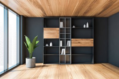 Gri duvarlı modern oturma odasının içi bulanık şehir manzaralı panoramik pencere gri kitaplık ve saksı bitkisi. 3d oluşturma