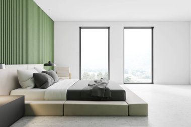 Yeşil duvarları, beton zemini olan şık, minimalist ana yatak odasının yan görünüşü, üzerinde iki komodin ve tavan lambası olan rahat kral yatağı ve beyaz koltuk. 3d oluşturma