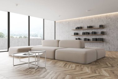 Modern oturma odasının köşesinde taş duvarlar, ahşap zemin, rahat beyaz kanepe, iki yuvarlak sehpa ve kitaplık. Sakin manzaralı balkon. 3d oluşturma