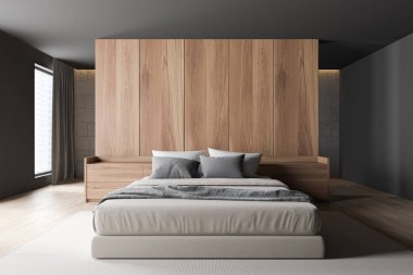 İskandinav tarzı yatak odasının içi. Gri ve ahşap duvarlar, ahşap zemin, rahat kral yatağı ve ahşap başucu masası. Bulanık şehir manzaralı bir pencere. 3d oluşturma