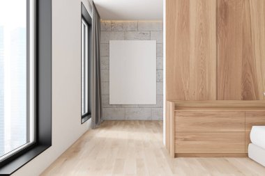 Beyaz, taş ve ahşap duvarlı boş yatak odasının içi, ahşap zemin ve pencerenin yanında asılı dikey maket posterler. 3d oluşturma