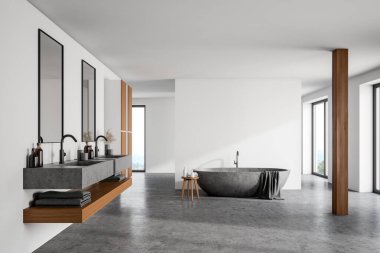 Geniş bir banyo, beyaz duvarlar, beton zemin, taş küvet, aynalı çift lavabo ve ahşap sütun. 3d oluşturma