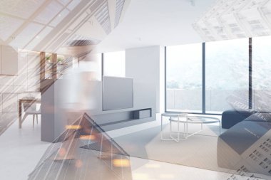 Geniş oturma odasında beyaz duvarları, rahat kanepesi, düz ekran televizyonu, balkonu ve arka planda mutfağı olan bulanık bir kadın. Renkli resim çift pozlama