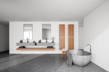 Lüks banyo, beyaz duvarlar, beton zemin, taş küvet, aynalı çift lavabo ve ahşap dolaplar. 3d oluşturma