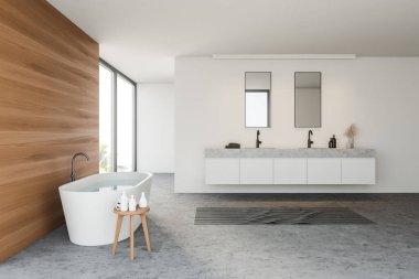 Modern banyo, beyaz ve ahşap duvarlar, beton zemin, rahat küvet ve iki aynalı çift katlı taş lavabo. 3d oluşturma