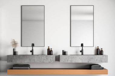 Üzerinde dikey aynalar olan çift katlı taş lavabo modern banyoda beyaz duvarları ve havluları olan ahşap bir rafta duruyor. 3d oluşturma