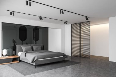 Beyaz ve cam duvarları, beton zemini, rahat kral yatağı ve ayarlanmış banyosu olan şık yatak odasının köşesi. 3d oluşturma