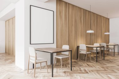 Beyaz ve ahşap duvarları, ahşap zemini, beyaz sandalyeli kare ahşap masaları ve dikey poster çerçevesi olan modern endüstriyel kafe iç mimarisi. 3d oluşturma