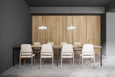 Gri ve ahşap duvarları, taş zemini ve şık tavan lambaları olan modern geleneksel restoran içinde uzun ahşap yemek masası. 3d oluşturma