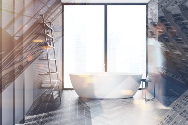 Bulanık genç bir kadın gri duvarları, siyah ahşap zemini, rahat küveti ve havluları olan rafları olan minimalist bir banyoda yürüyor. Renkli resim çift pozlama