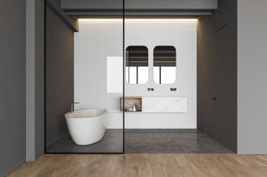 İçinde beyaz, gri ve cam duvarlar, beton ve ahşap zemin, beyaz küvet ve mermer çift aynalı lavabo olan rahat bir banyo. 3d oluşturma