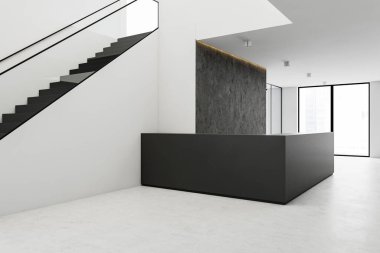 Beyaz duvarları, beton zemini, bulanık şehir manzarası ve merdivenleri olan siyah minimalist resepsiyonda. 3d oluşturma