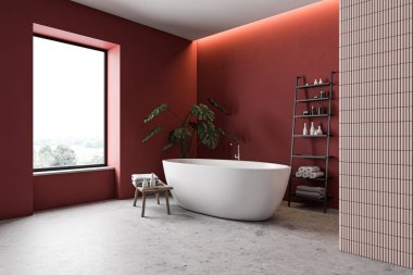 Kırmızı ve pembe kiremit duvarlı spa banyosunun köşesi, taş zemin, rahat banyo küveti ve havlu ve güzellik ürünleriyle dolu raflar. 3d oluşturma