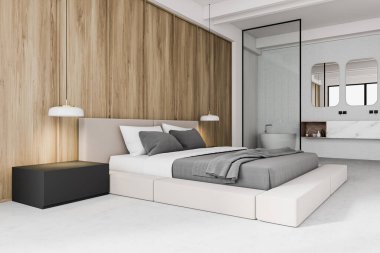 Beyaz ve ahşap duvarları olan şık bir yatak odası, rahat bir kral yatağı, siyah komodinleri ve yanında da lüks bir banyosu var. Tatil köyü kavramı. 3d oluşturma