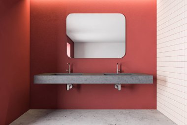 Geniş kaplıca banyosunun içinde kırmızı ve pembe fayans duvarlar, beton zemin, çift katlı taş lavabo ve üzerinde yatay ayna. 3d oluşturma