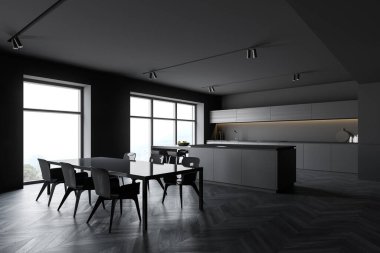 Gri duvarları olan modern mutfağın köşesi, koyu ahşap zemin, tezgahlar, tabureli bar ve sandalyeli gri yemek masası. 3d oluşturma