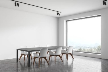 Minimalist yemek odasının köşesinde beyaz duvarlar, beton zemin, sandalyeli gri masa ve kırsal alanda bulanık pencereler. 3d oluşturma