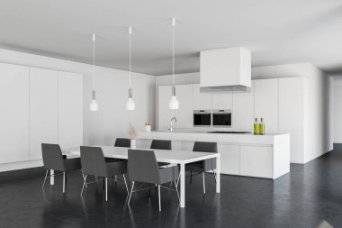 Beyaz duvarları olan ferah bir mutfak, beton zemin, lavabo, fırın ve gri sandalyeli yemek masası olan beyaz bir ada. 3d oluşturma