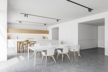 Beyaz duvarları, beton zemini, beyaz tezgahları, tahta tabureleri ve sandalyeli uzun beyaz yemek masası olan ferah bir mutfak köşesi. 3d oluşturma