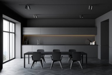 Karanlık ahşap zeminli modern mutfak, gri duvarlar, koyu ahşap dolaplar, lavabo ve fırında yapılmış gri tezgahlar ve sandalyeli uzun yemek masası. 3d oluşturma