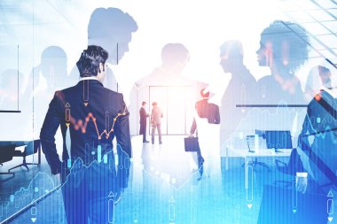 Çeşitli iş adamları modern ofiste çift taraflı bulanık grafikle birlikte çalışıyor. Takım çalışması ve şirket yaşam tarzı konsepti. Tonu ayarlanmış resim