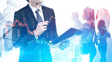 Tanımlanamayan Ceo, soyut şehirde çalışan, bulanık dijital grafikler ve çeşitli iş adamları siluetleriyle tanınıyor. Takım çalışması ve borsa kavramı. Tonu ayarlanmış resim