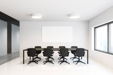 Modern toplantı odası. Beyaz ve siyah duvarları, beton zemini, uzun konferans masası ve yatay maket posteri olan şık bir ofis. 3d oluşturma