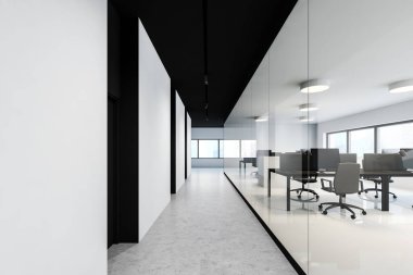 Beton zemin ve pencere kenarında duran gri bilgisayar tablolarının bulunduğu şık beyaz ve siyah açık uzay ofisleri salonu. 3d oluşturma