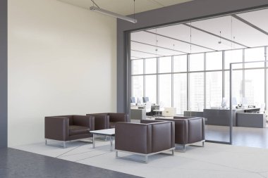 Beyaz duvarları, beton zemini, beyaz halıda duran deri koltukları ve arka planda açık alan olan şık ofis bekleme odasının köşesi. 3d oluşturma