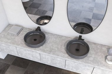 Modern banyoda beyaz duvarlı oval aynalarla taştan tezgahların üzerinde duran gri yuvarlak çift lavabonun üst görüntüsü. Rahatlama kavramı. 3d oluşturma