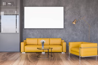 Sarı kanepe ve koltuk modern ofis bekleme odasında duruyor gri duvarlar, ahşap zemin, rahat yuvarlak sehpa ve yatay taklit poster. 3d oluşturma