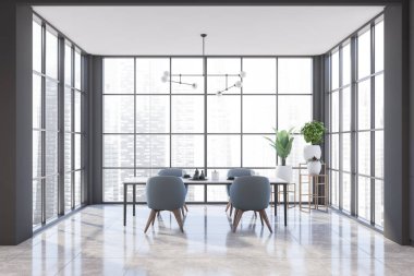 Gri duvarlı, fayanslı, mavi sandalyeli ve raflarında bitkiler olan panoramik yemek odasının içi. 3d oluşturma