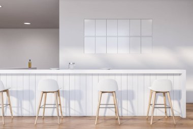 Beyaz duvarları, ahşap zemini ve tabureli beyaz bar tezgahı olan minimalist bir bar. 3d oluşturma