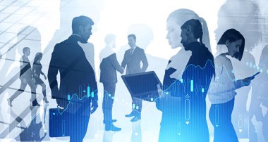 Bulanık finansal tablonun iki katına çıkarılarak şehirde birlikte çalışan başarılı çeşitli iş adamları. Takım çalışması ve borsa kavramı. Tonu ayarlanmış resim