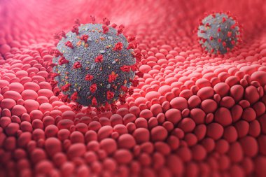 Mikroskop altında görülen gri ncov coronavirus modelini kapatın. Asya 'daki grip tespiti, aşı ve tedavi araştırması. 3d görüntüleme bulanık resim