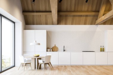 Beyaz ve altıgen fayanslı duvarları olan lüks malikane mutfağının yan manzarası, ahşap çatı ve zemin, beyaz dolaplar ve mutfak tezgahları, ev aletleri ve yuvarlak yemek masası. 3d oluşturma