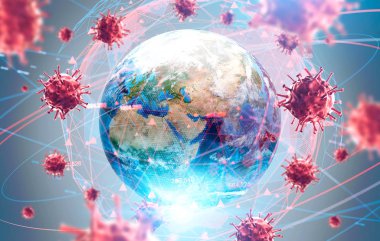 Coronavirus Asya gribi Dünya 'nın arka planında ve bulanık hologramında. Tedavi arayışı ve küresel dünya kavramı. 3D tonlama görüntüsü. Bu görüntünün elementleri NASA tarafından desteklenmektedir