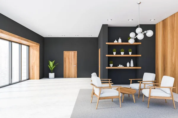 Spacieux Salon Intérieur Avec Murs Gris Sol Blanc Plafond Fauteuils — Photo