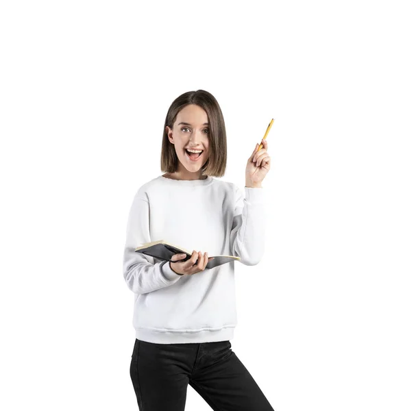 Retrato Aislado Una Adolescente Feliz Con Ropa Casual Sosteniendo Cuaderno — Foto de Stock