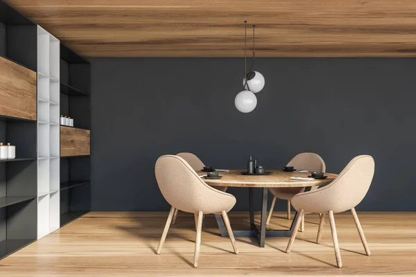 Interieur Van Moderne Eetkamer Met Grijze Muren Houten Vloer Plafond — Stockfoto