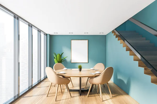 Interior Panoramic Dining Room Blue Walls Wooden Floor Table Beige — Stock Photo, Image