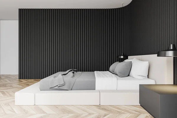 Zijaanzicht Van Stijlvolle Minimalistische Master Bedroom Met Grijze Witte Muren — Stockfoto