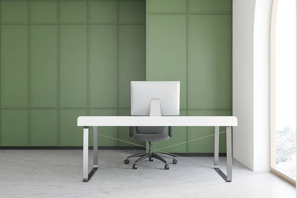 Interior of minimalistic CEO office with green and white walls, concrete floor, white computer table and arched window with blurry scenery. Concept of management. 3d rendering