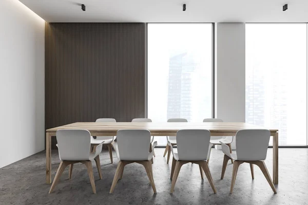Interior Moderna Sala Jantar Com Paredes Brancas Cinzentas Piso Concreto — Fotografia de Stock