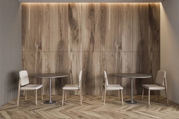Interior Minimalistic Restaurant Wooden Grey Walls Wooden Floor Grey Tables — Stock Photo, Image