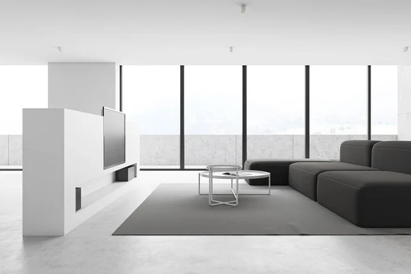 Interiér Panoramatického Luxusního Obývacího Pokoje Bílými Stěnami Betonovou Podlahou Pohodlnou — Stock fotografie